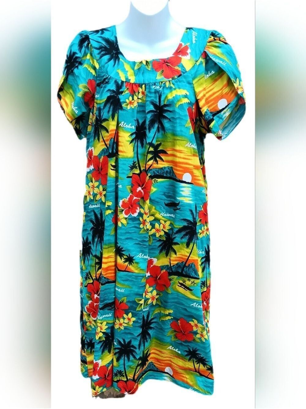 Hawaiian Muu Muu Dress Round Neck Tulip Sleeve Size M